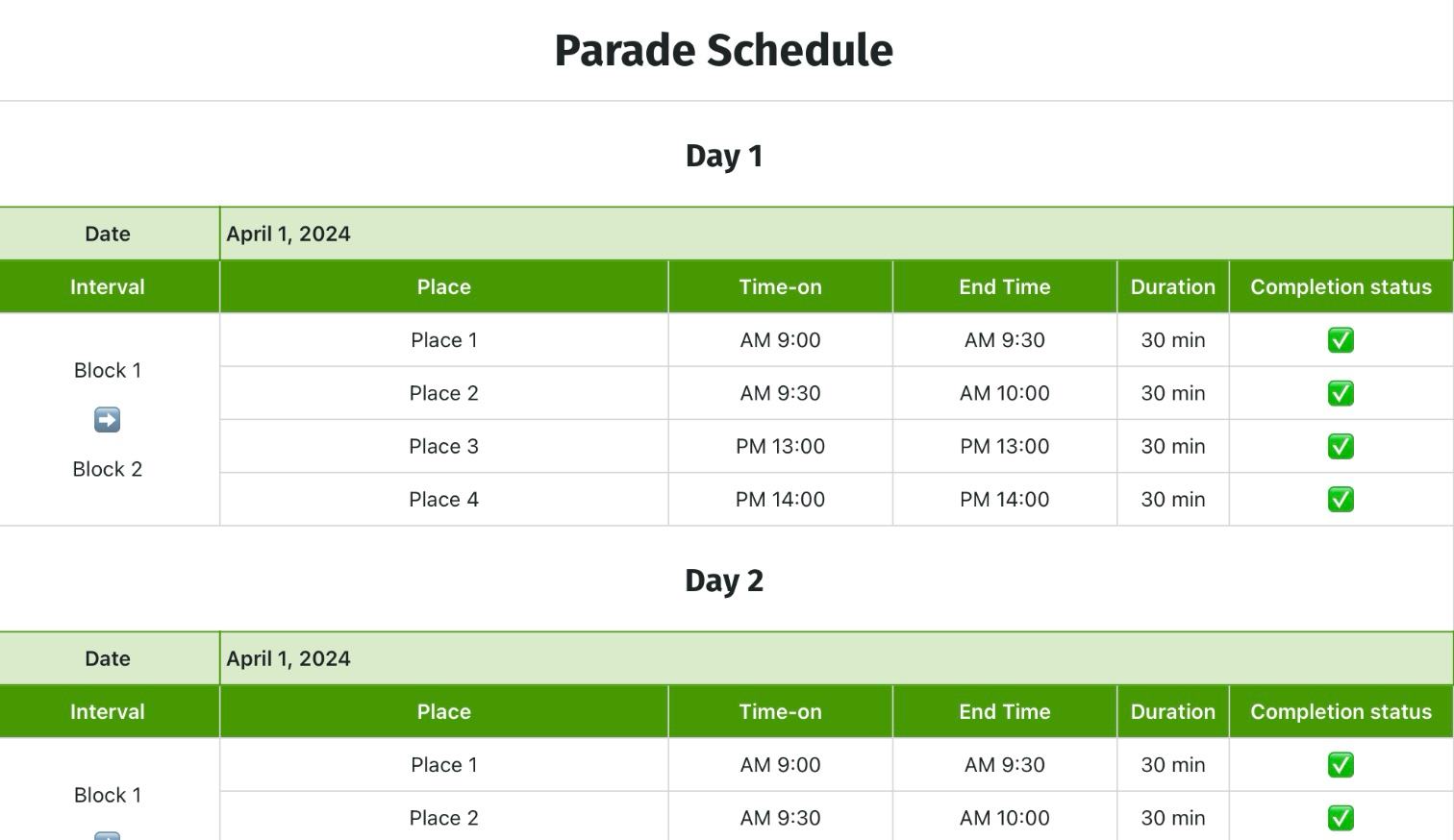 Parade Schedule